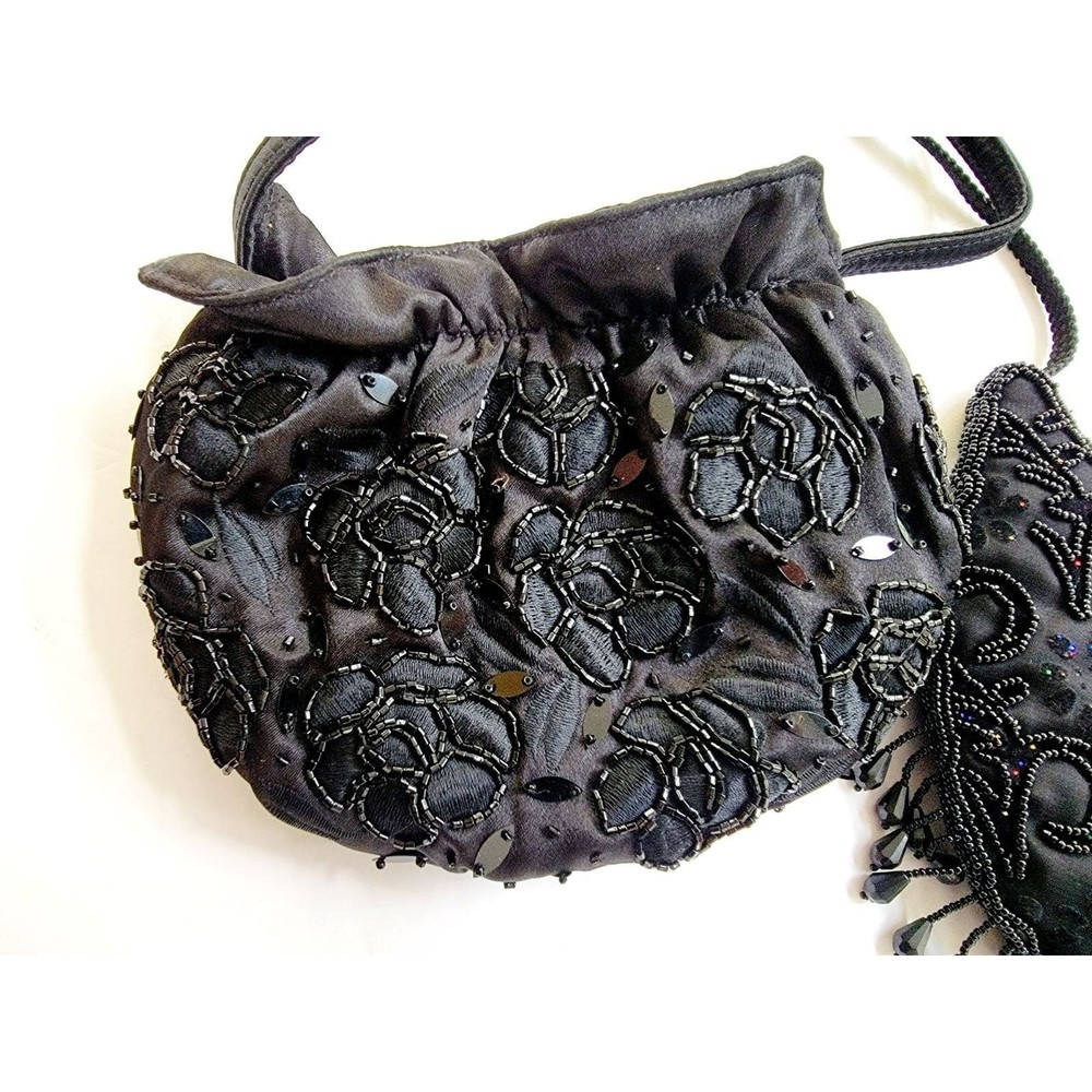 2 Vintage Black Fabric Hand Bag Purse With Beaded Sequin Flowers Menbur - Picture 3 of 7